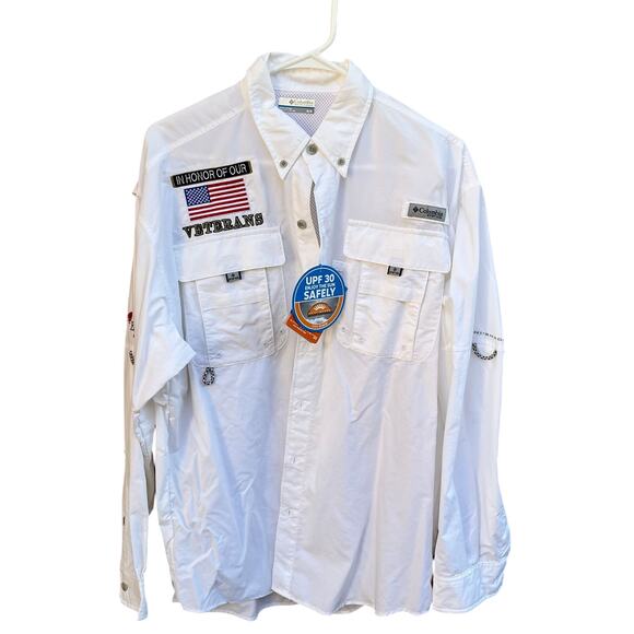 Columbia Men's Bahama II Long-Sleeve Shirt custom In Honor of Our Veterans Sz M - Picture 1 of 7